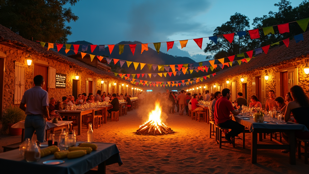 Brazilian festa junina São João decorations, rural outdoor festival scene with colorful flags and festive lights.