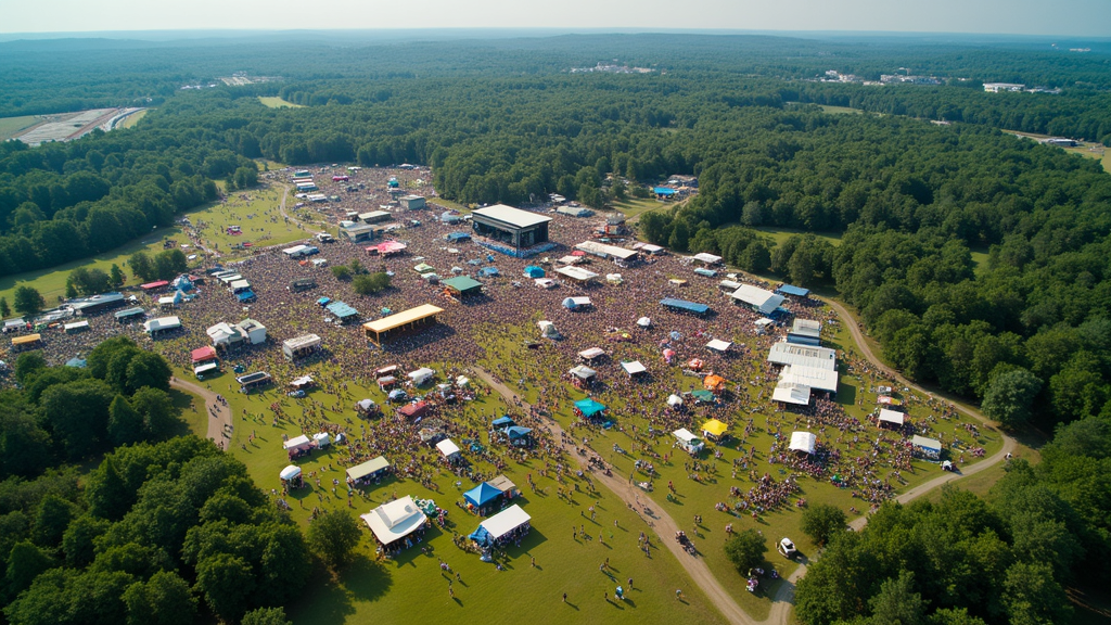 Colorful aerial view of Bonnaroo Music and Arts Festival grounds in Tennessee, showing stages, tents, art installations, and crowds